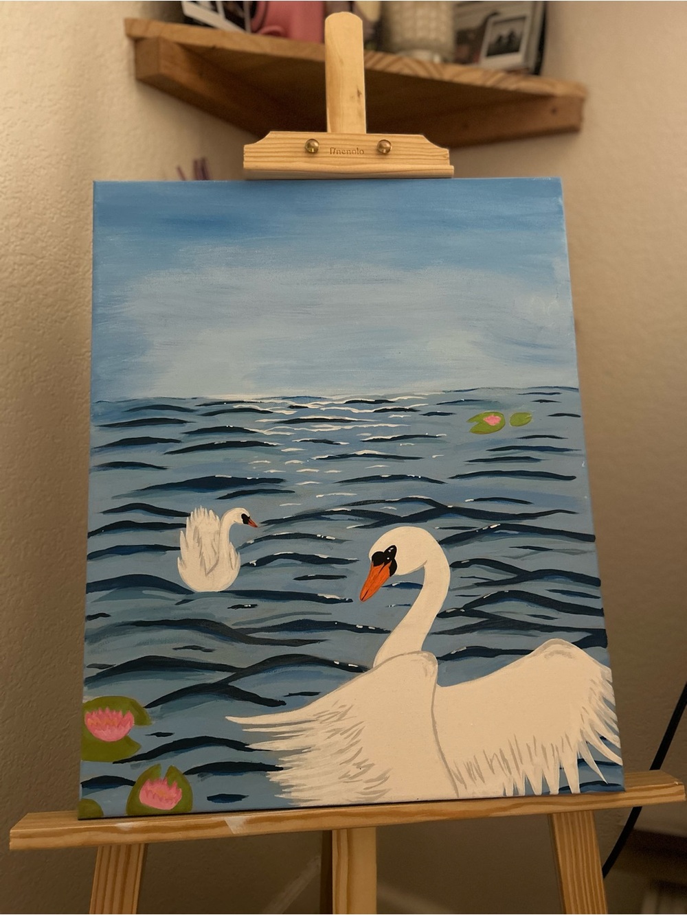 Hand-Painted Swan Canvas Wall Art - White Swan on Blue Water